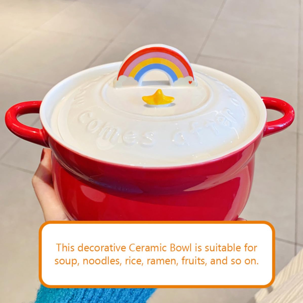 BETOOKY Tazón de Ramen con Tapa de Cerámica Roja, Cuenco para Sopa y Fideos, Diseño Decorativo y Apto para Cocina en Casa y Hoteles