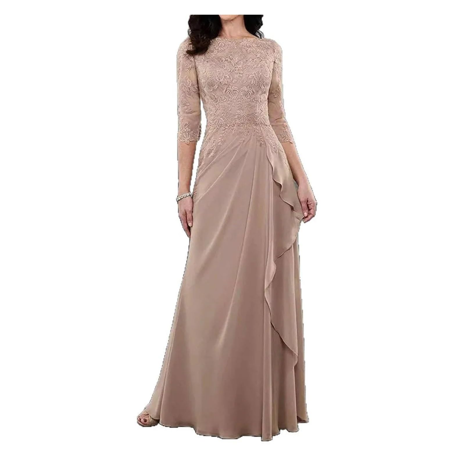 Abito da Sposa con Maniche a 3/4 e Applicazioni in Pizzo, for la Madre della Sposa, for Gli invitati al Matrimonio, Lungo in Chiffon(16W)