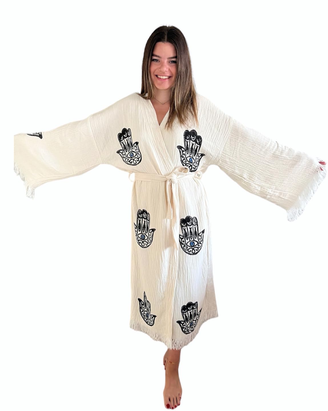 Handmade Evil Eye Kimono - Women Beach Cover Up - Festival Bohemian Robe - Boho Cotton Cardigan - Dressing Gown