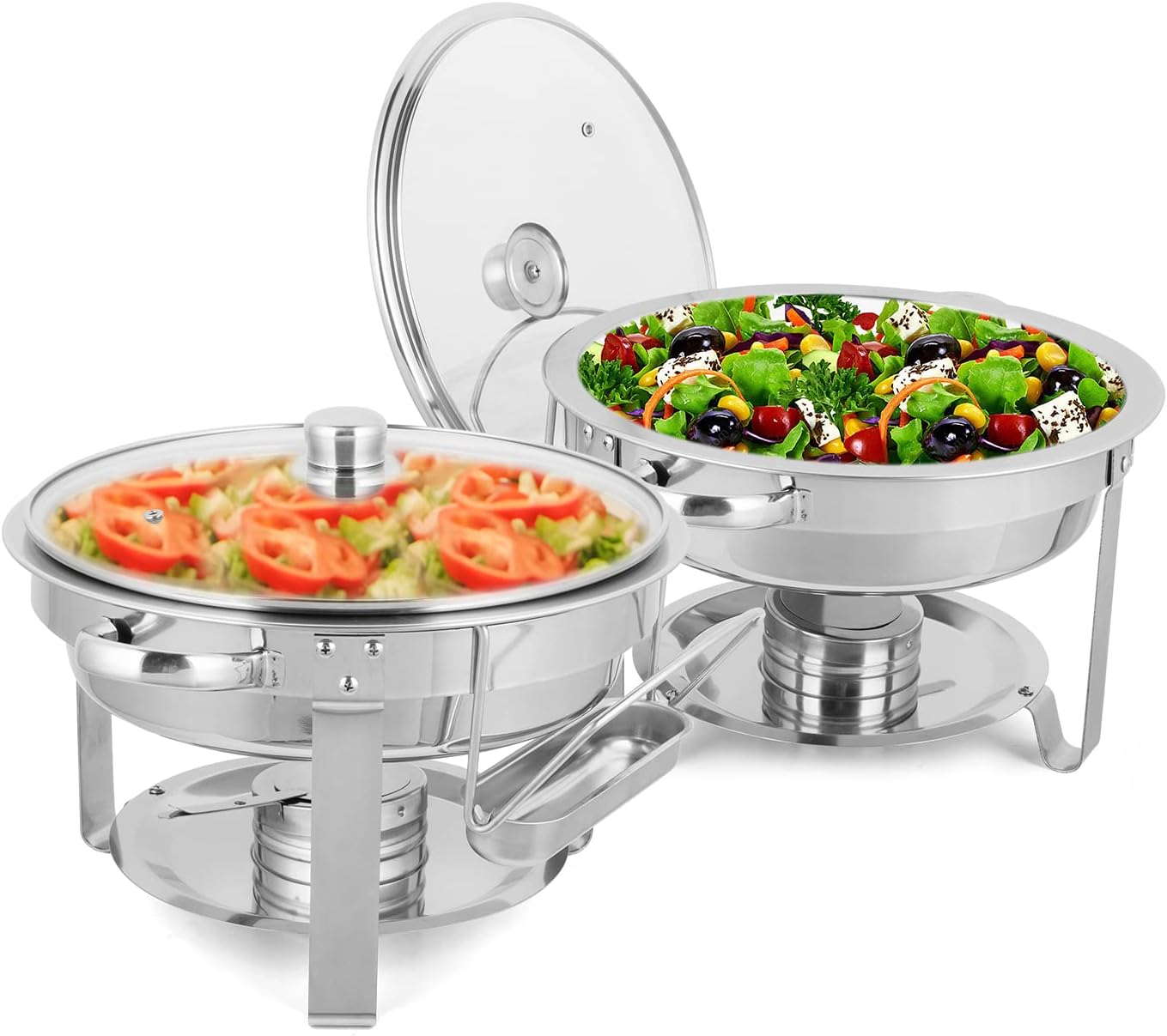 ROVSUN 5 Qt 2Pack Chafing Dish Buffet Set, Stainless Steel Round Chafers for Catering, Buffet Servers and Warmers Set with Glass Lid & Lid Holder, Thick Stand Frame for Wedding Party Banquet Event 2 Packs