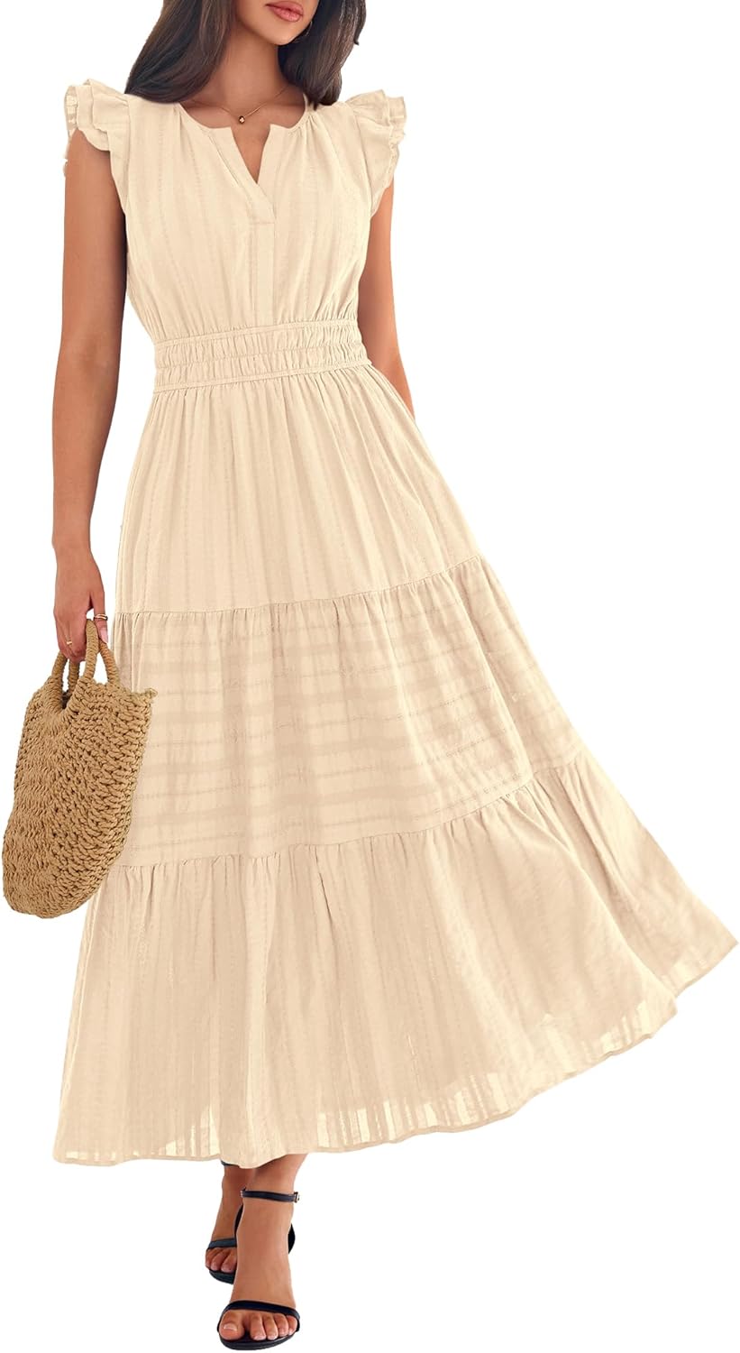 BTFBM Womens Summer Maxi Dress 2026 Spring Boho Vacation Ruffle Flutter Short Sleeve A Line Tiered Flowy Dresses Pockets - Image 4