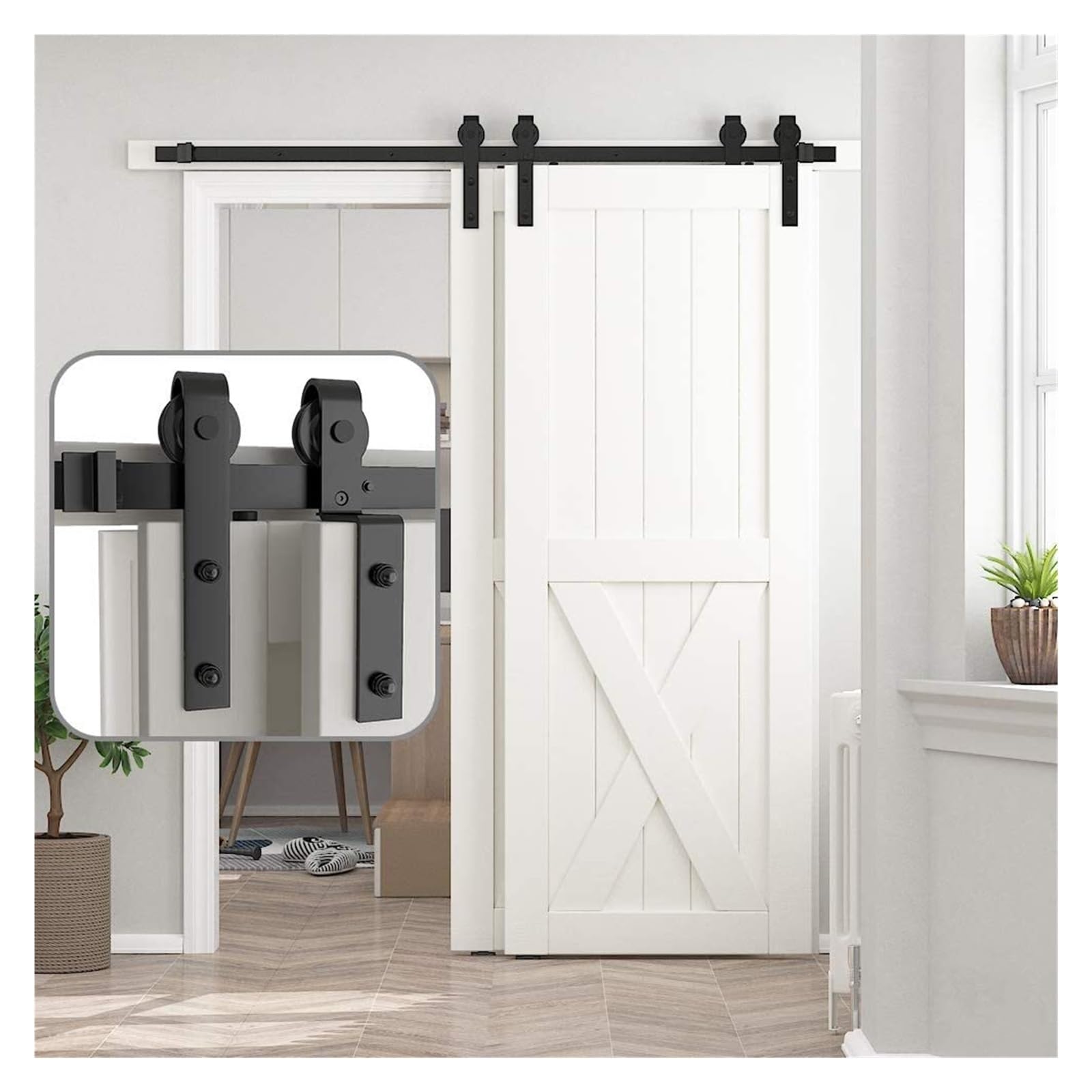 Strafbrg 4Ft 1210Mm Bypass Sliding Double Door Hanging Roller Track Barn Hardware, J-Shaped Accessory,Smooth Gliding