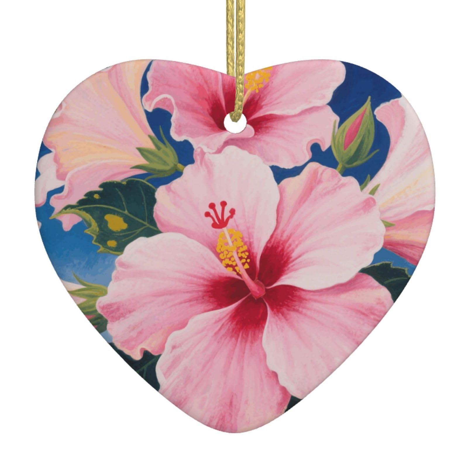 Blooming Hibiscus Christmas Ornament 2025 Heart Ceramic Hanging Ornaments for Home Decor Christmas Decorations with Gold Rope Double-Sided Xmas Tree Ceramic Hanging for Holiday Party