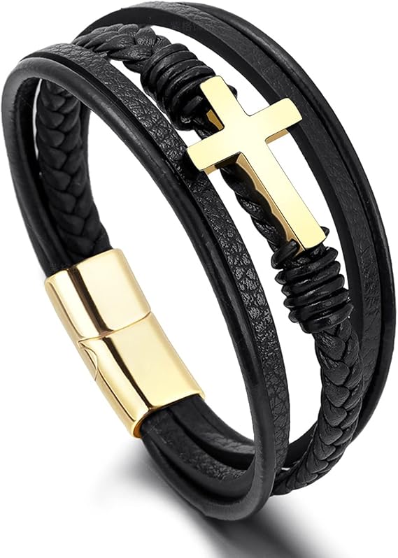 Amazon Co Jp クロスレザーブレスレット メンズ ブラック ステンレススチール 編組 メンズブレスレット カフバングルブレスレット 多層 レザーブレスレット レディース 磁気クラスプ 銅 その他 ファッション