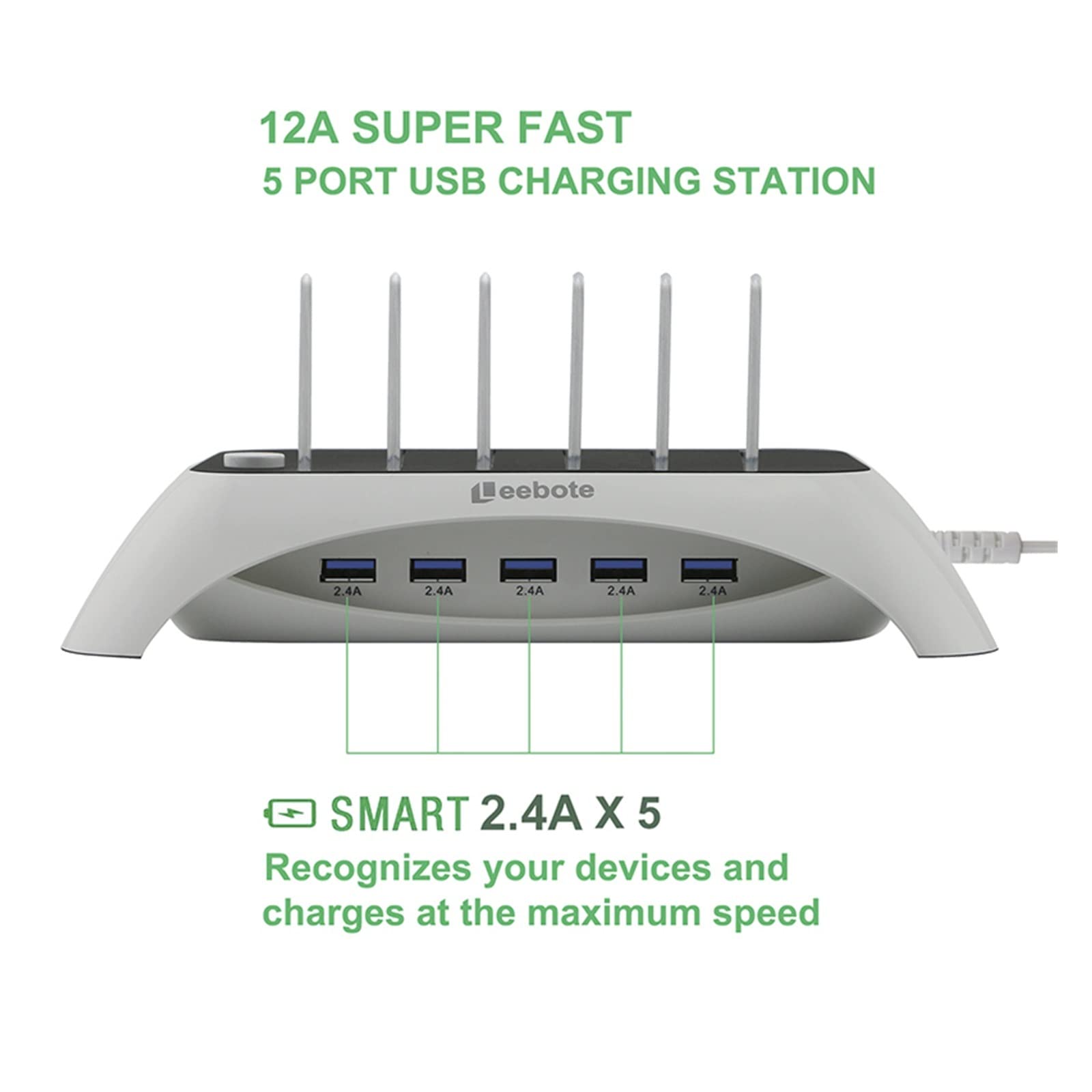 Stacja ładowania, 60W 5-portowa ładowarka USB 12A Stacja dokująca do ładowarki biurkowej Stacja dokująca do ładowania Telefon Zasilacz sieciowy