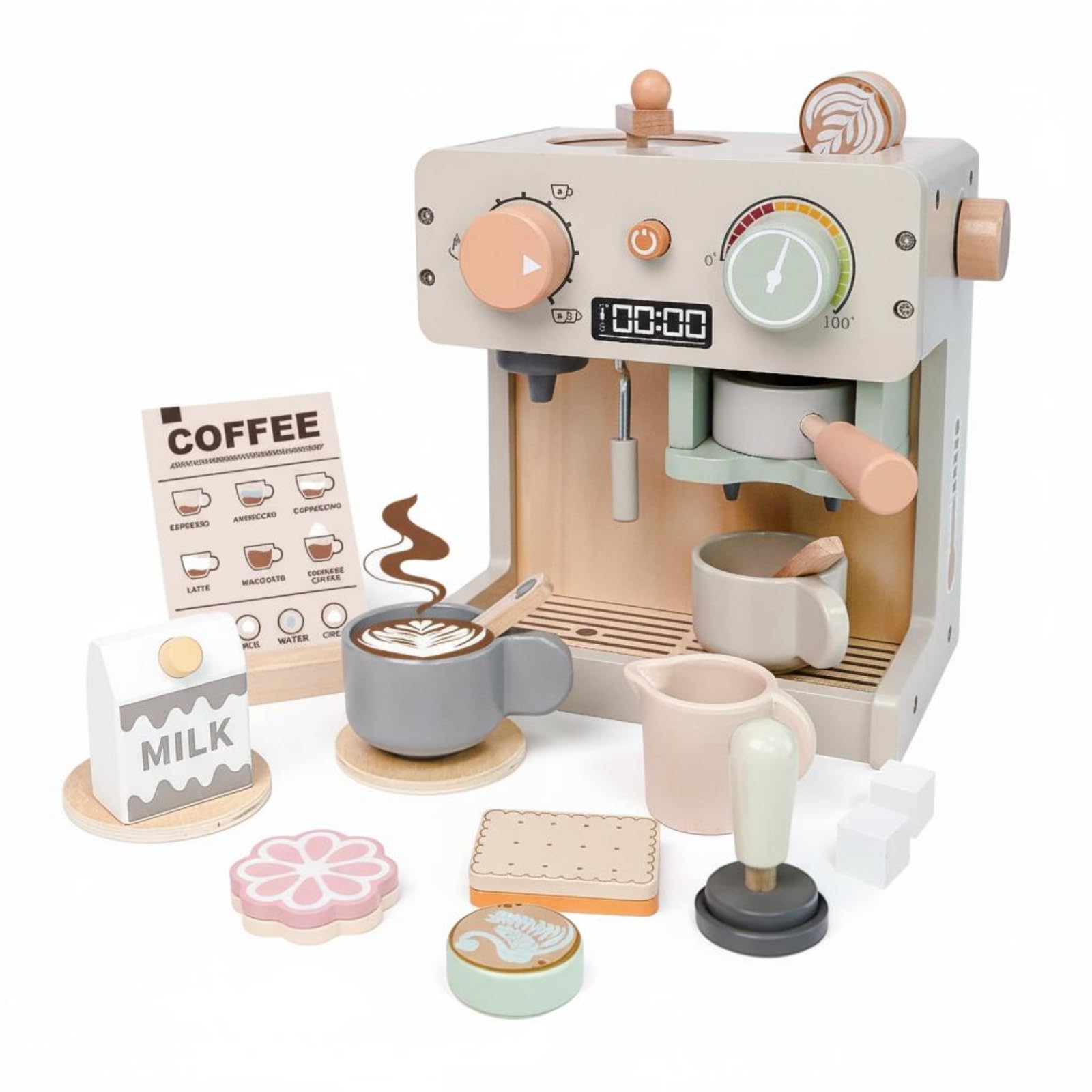 Kinder Spielgerät Holz Kaffeemaschine Nachbildung Spielküchengerät Espressomaschine Getränkezubereiter Ausgestattet mit Zubehör für Rollenspiele Kinderzimmer Familienspiele