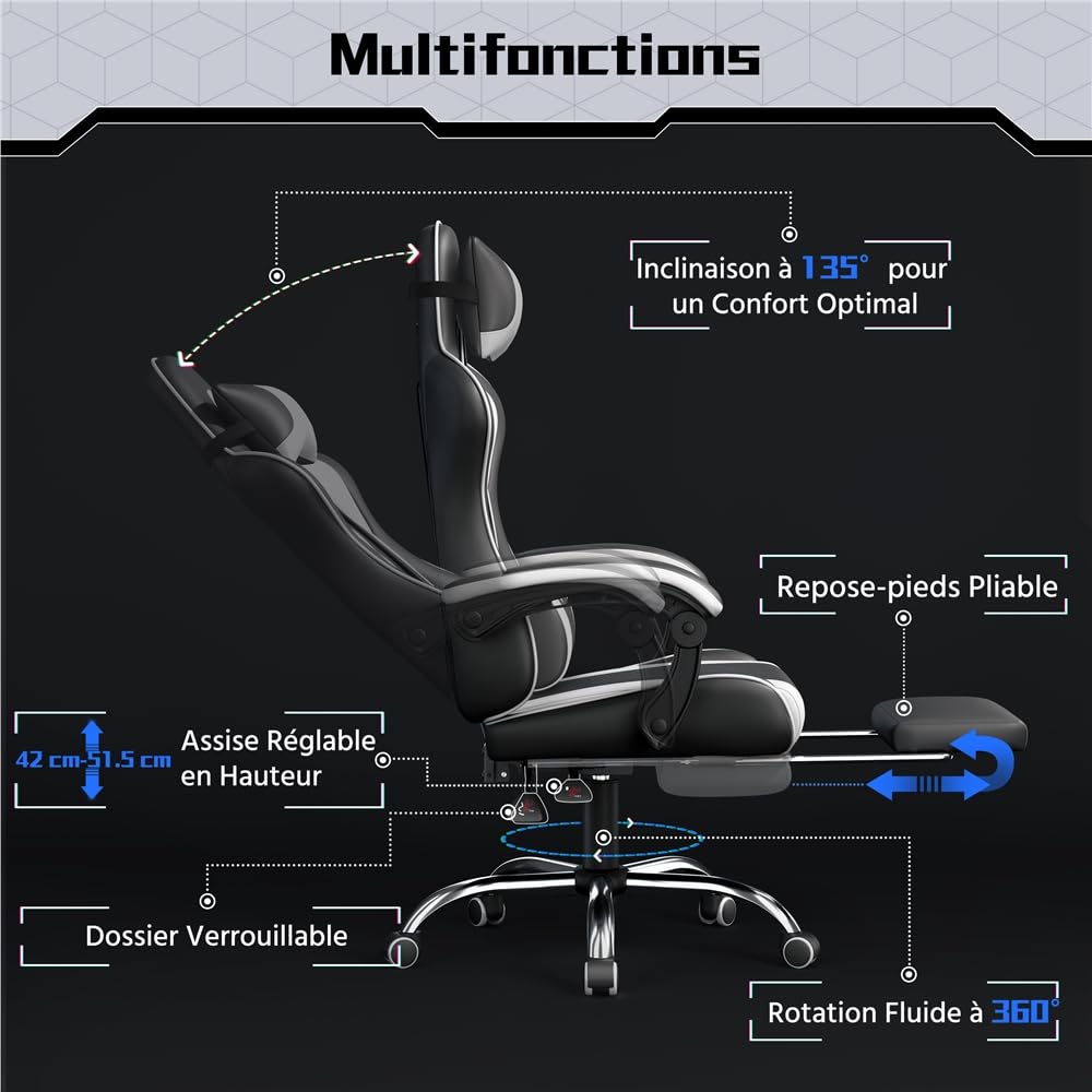 Yaheetech Chaise Gaming Ergonomique Massante avec Repose-Pieds Inclinable Rembourré en Similicuir, Fauteuil de Bureau avec Appui-tête et Support Lombaire Roues Pivotantes Blanc