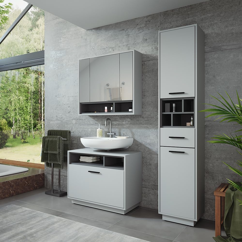 Vicco Badmöbel-Set Beatrice, Grau/Anthrazit, 80 cm, besteht aus Waschbeckenunterschrank, Spiegelschrank und Hochschrank