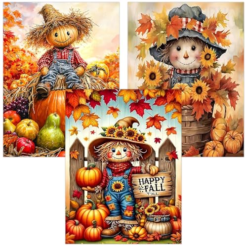 3 Pack Diamond Art Kits for Adults Autumn Diamond Painting Kits for Adults 5D DIY Round Drill Fall Gem Art Paint with Diamonds Dots Kits for Home Decor Holiday Gift 12x16inch (Scarecrow and Pumpkin)