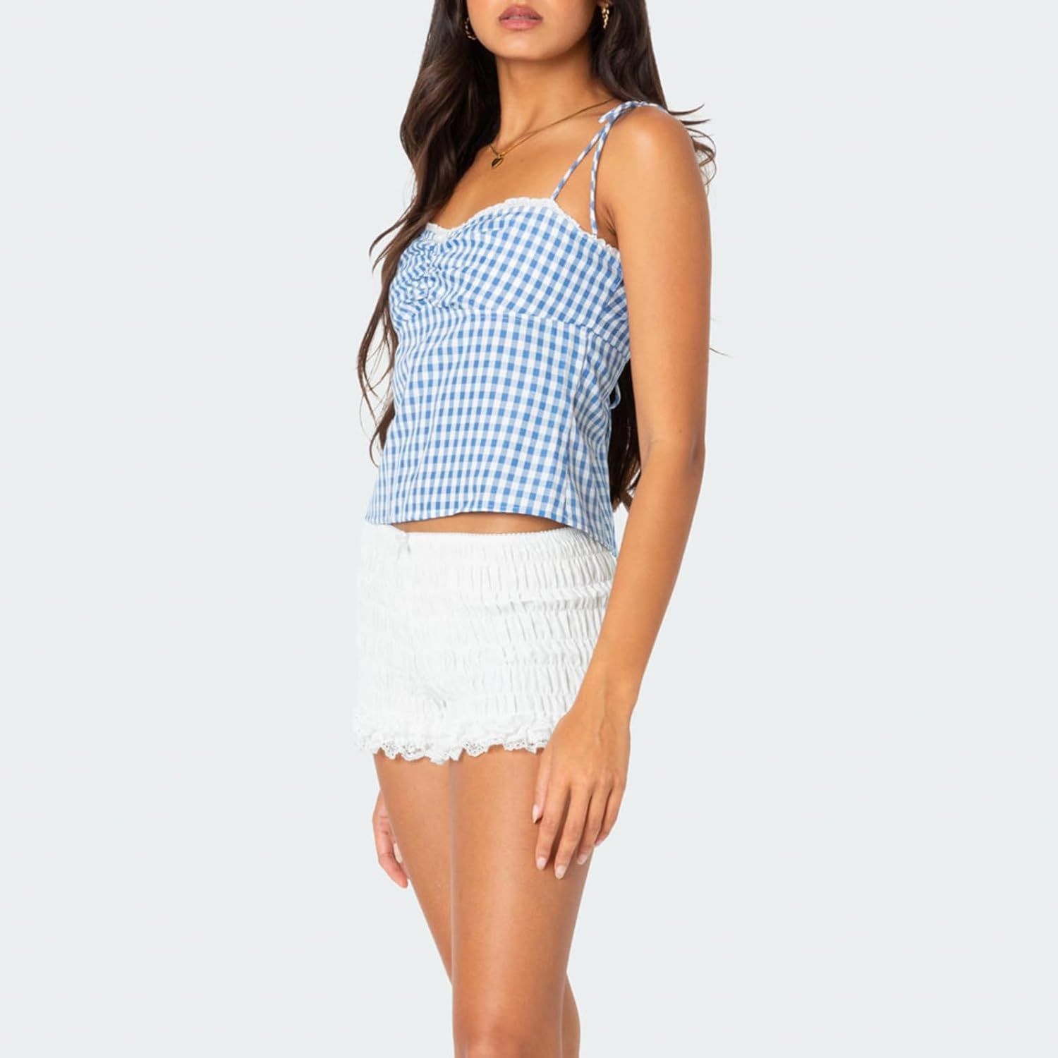 Women Y2k Gingham Tank Tops Tie Shoulder Sleeveless Camisole Lace Trim Ruched Bust Cami Crop Top - Image 5