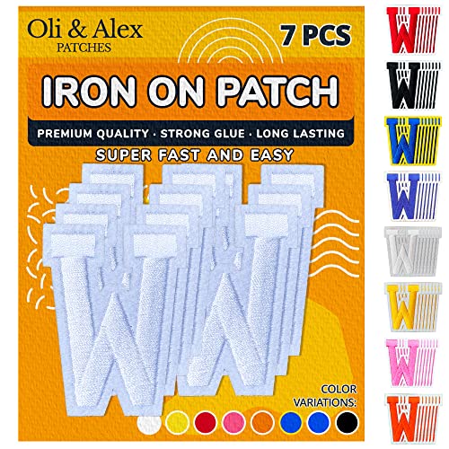 Oli and Alex Iron On Letters 2.4 inch - 7 pcs of W White Patches Letters for Clothing - Super Glue - No sew Needed - Embroidery Alphabet Football Team School University - White, W