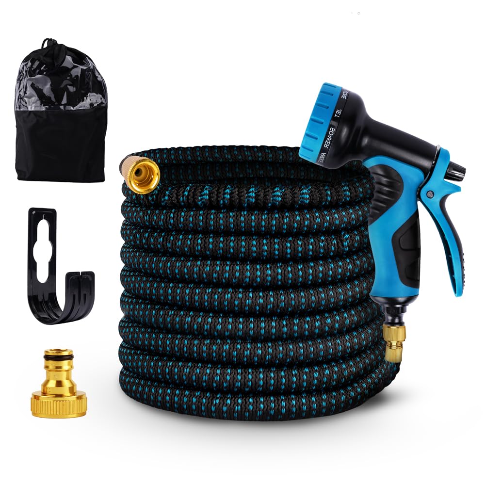 GREEN DYNASTY Expandable Garden Hose, Lightweight Gardening Flexible Leak Proof Hose Pipe, Solid Brass Fittings | 3X Expanding Flexible Latex Water Hose with Spray Nozzle | Blue, 75 FT