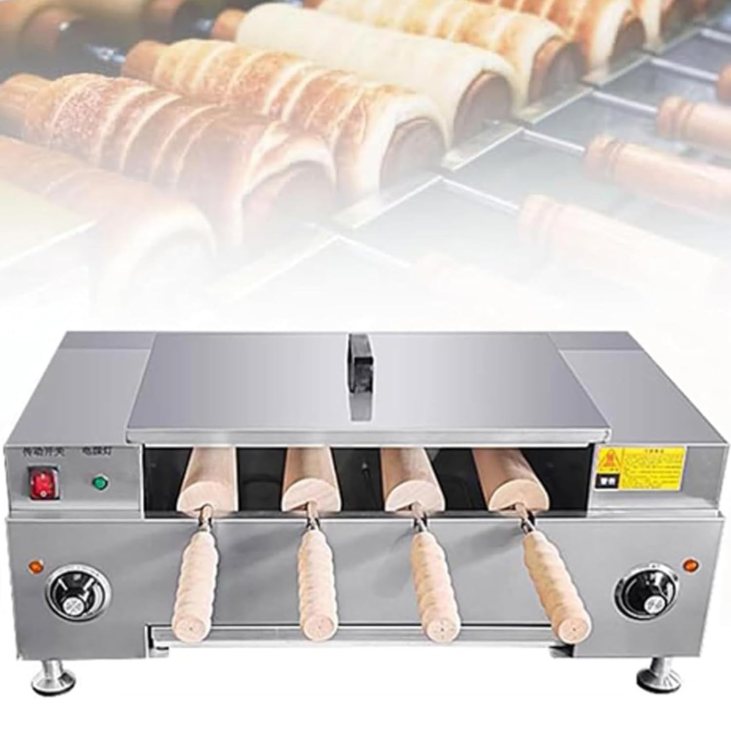 RETRIN Electric Chimney Cake Roll Oven Maker, Ice Cream Cone Grill, 4/8 Pcs Roller with Wood Handle, Adjustable Temp, for Bakery & Home Snack Bar 4pcs