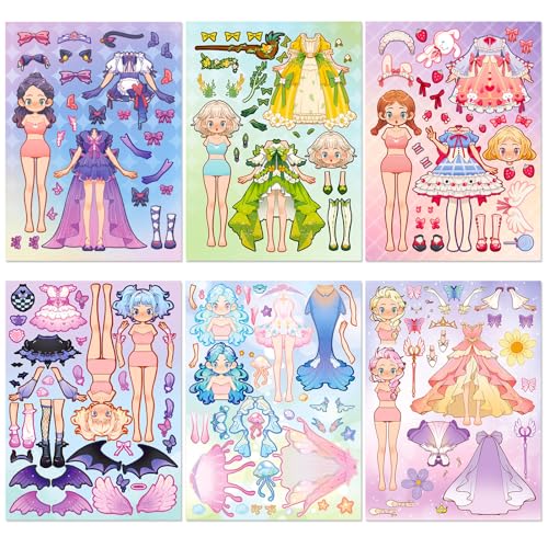 6 diseños Pegatinas de rompecabezas para vestir a chicas de dibujos animados, juego de pegatinas para vestir a niñas, juguetes interactivos para actividades entre padres e hijos