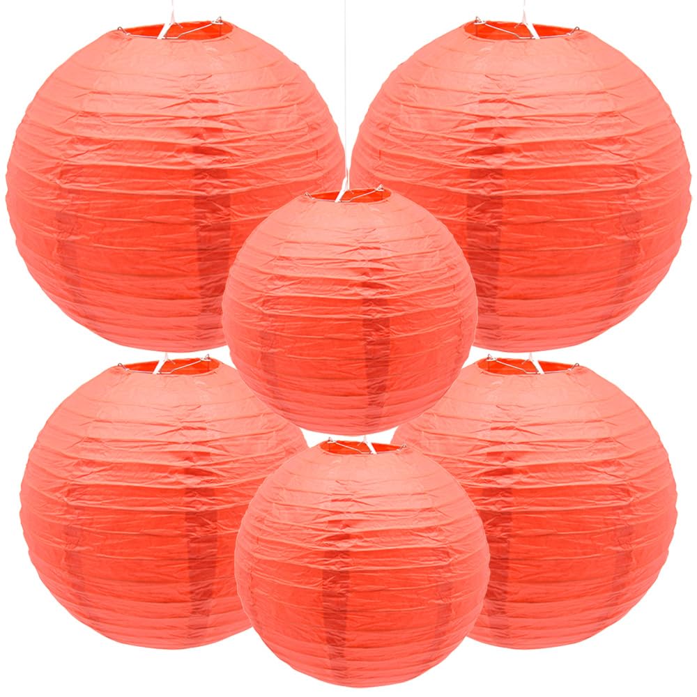 Yosawo Pack of 6 Paper Lanterns Decorative Red Round Lampshade for Party Garden Wedding Birthday Decoration (8 Inches 10 Inches 12 Inches / Red)