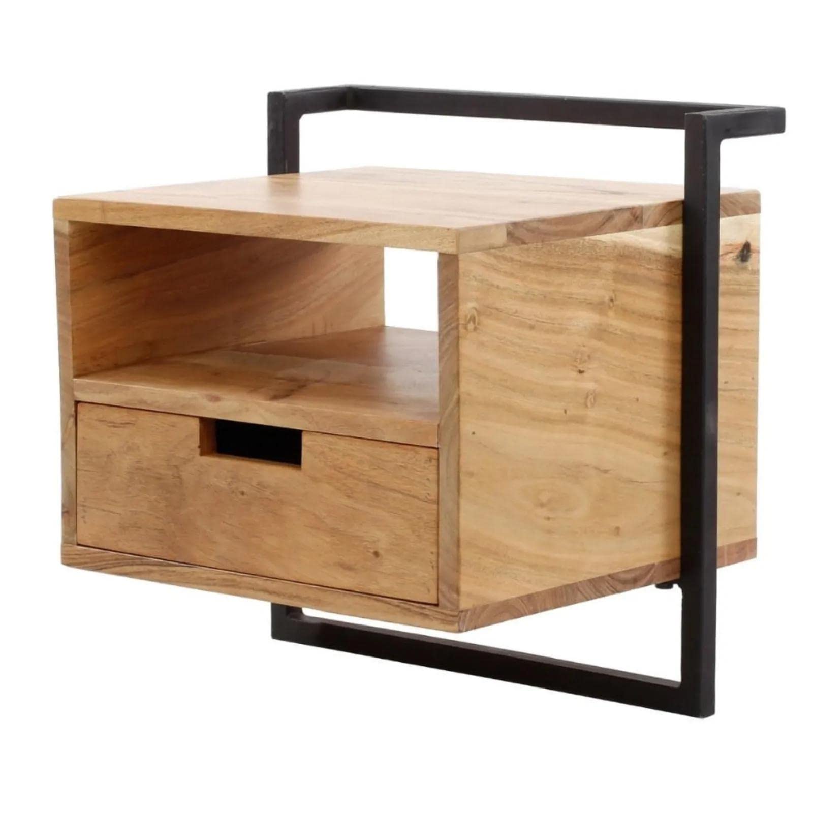Ringo-Living Massivholz Nachttisch Lolei Hängend mit Schublade & Fach, Dunkelbraunes Regal mit Schwarzem Metall Rahmen, Schlafzimmer Wandregal Schwebend