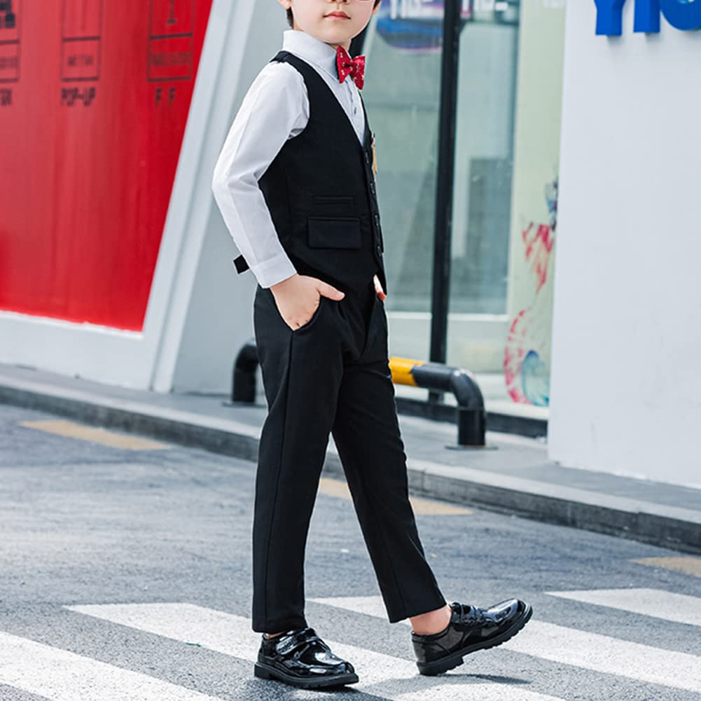 Traje de Caballero para Niño Conjunto de Ropa Formal para Ceremonia Boda Fiesta Bautizo Infantil Juego de 4 Piezas Conjunto de Camisa Manga Larga+Chaleco+Pantalones+Corbata de Moño para Chicos