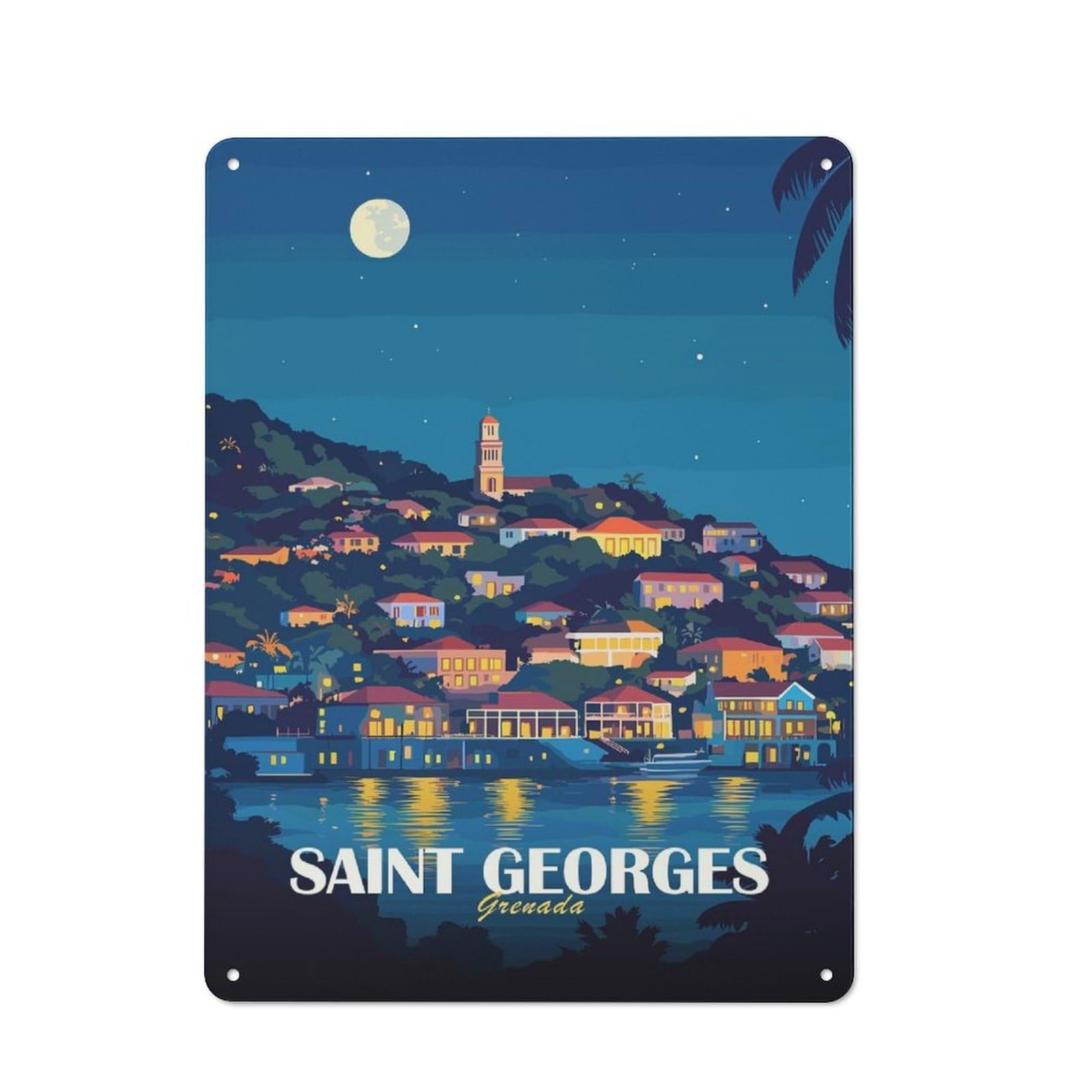 Junmoney Style-24 Shed Style Saint Georges, Grenada At Night Tin Sign 40X30cm, Utility Space Decor For Greenhouse, Garden Room, Cafe Or Entryway