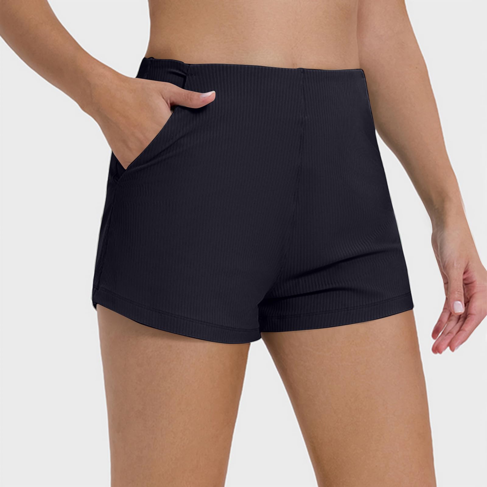 Workout Lounge Stretch Shorts for Women Ribbed Breath Athletic Shorts with Pockets Running Exercise Gym Yoga Shorts Black