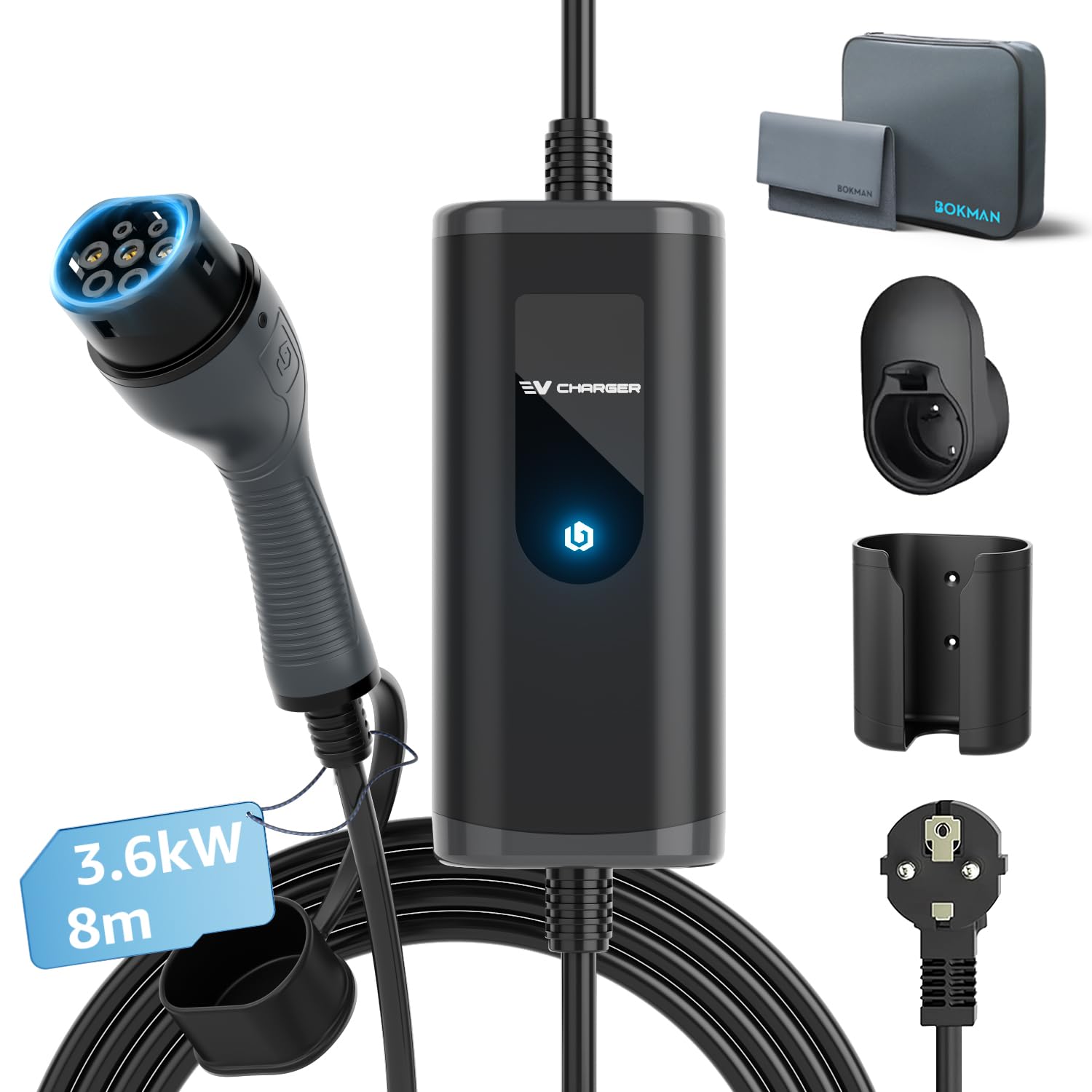 bokman Ładowarka EV [16A, 3.68kW, 8 metrów], przenośna ładowarka typu Type2 – Schuko Plug&Play do pojazdów elektrycznych (EV) i hybryd typu plug-in (PHEV)