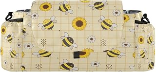 Flradish Bees and Sunflowers on A Lattice Baby Stroller Organizer with 2 Cup Holders Universal Adjustable Shoulder Strap Detachable Stroller Caddy Accessories Bag for Bottle,Diaper,Phone, Keys,Toys