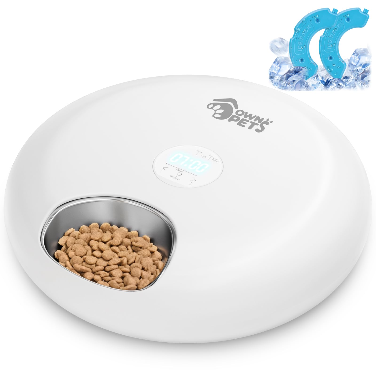 Ownpets Distributeur automatique de nourriture humide pour animaux de compagnie avec alimentation USB, deux blocs de glace, plateau de nourriture en acier inoxydable pour 6 repas (1,2 kg chacun)