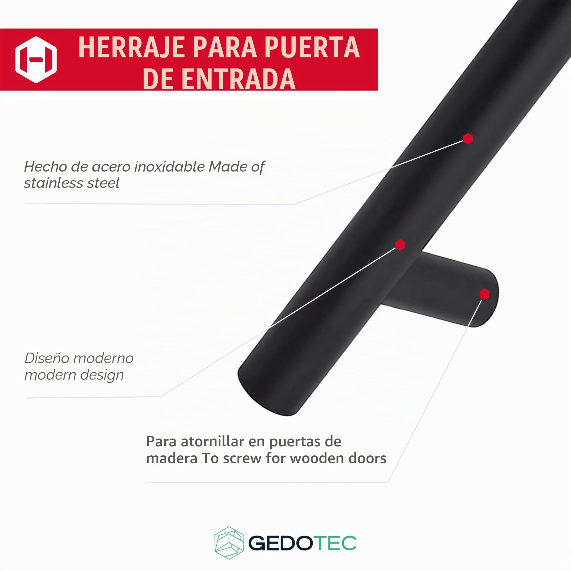 Gedotec Acero Inox Tirador Antiguo Manilla de la Puerta Accesorios Negro Mate | Longitud 350mm | Distancia Agujero 210mm | Mango Tipo Barra Redondo | 1 Pieza - Diseño Recto con Madera Material Montaje