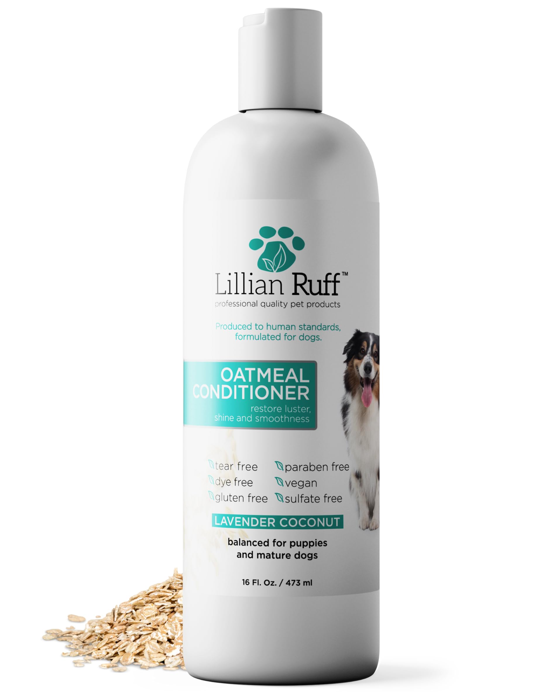 Lillian Ruff PRO Formula Oatmeal Dog Conditioner - Nourishing & Calming Relief for Allergies & Sensitive Skin - Detangles, Softens & Adds Shine with Oatmeal, Coconut Oil & Lavender - USA Made (16oz)