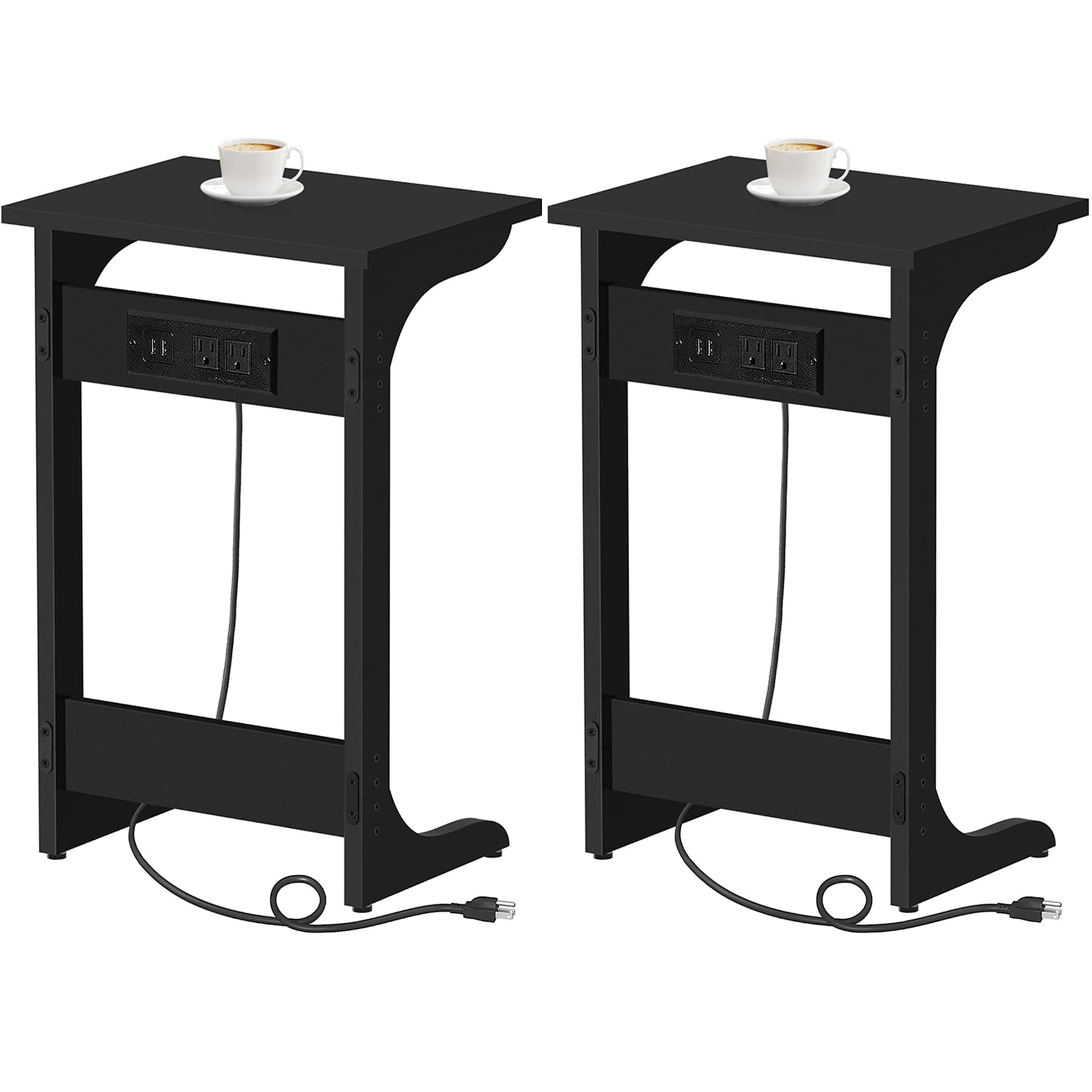 TUTOTAK Set of 2 C Shaped End Table with Charging Station, Tv Tray Table with 2 USB Ports and Outlets, Couch Table, Snack Table, Sofa Side Table for Small Spaces, Living Room, Bedroom TB01BK0442
