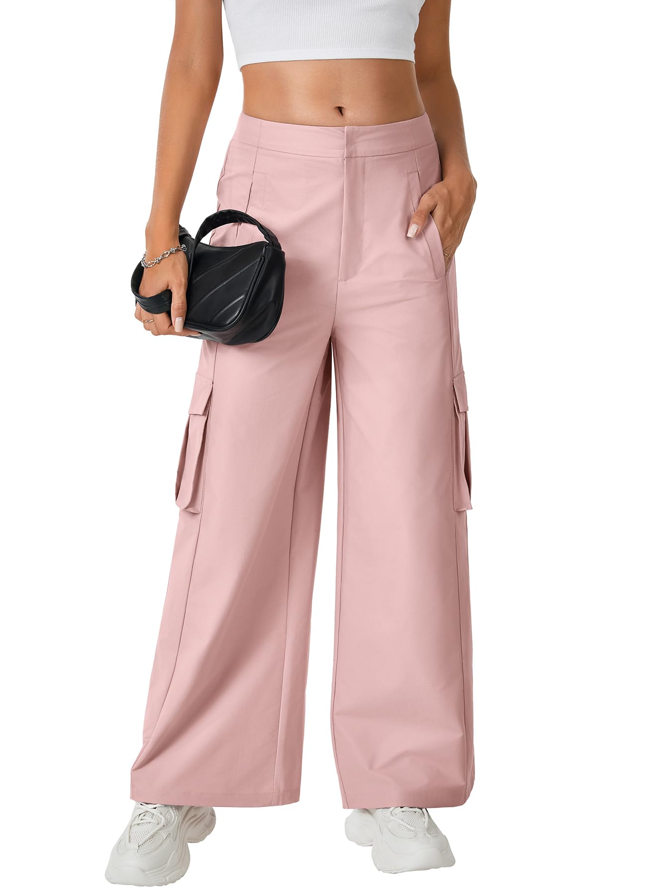 LYANER Womens Cargo Wide Leg High Waist Casual with Pockets Pants Trousers