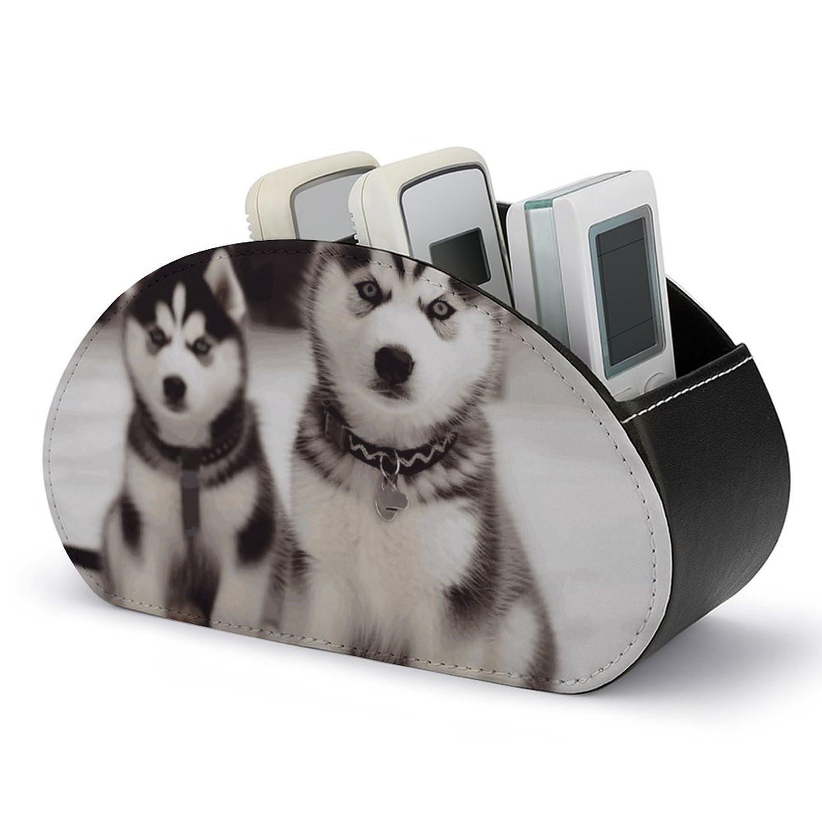 DWVTSLH Adorable Huskies Remote Control Holder with 5 Compartments - PU Leather TV Remote Holder Remote Caddy Desktop Organizer Makeup Brush Holder, Remote Storage Box for Home Office