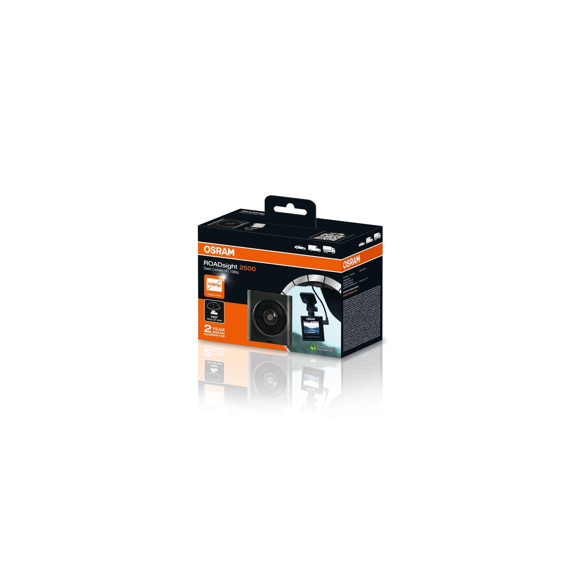 OSRAM ROADsight 2500 Dash Camera, 1080p HD, Display da 2 Pollici, grandangolo 140°, sensore G, 30 fps, modalità parcheggio, Funzione HDR, Slot per Scheda Micro SD