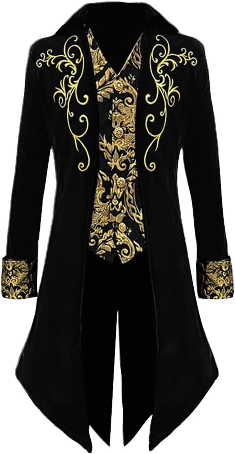 Medieval Costume Men Halloween, Steampunk Tailcoat Men, Gothic Palace Style Costumes Vintage Medieval Renaissance Tailcoat Single Breasted Halloween Trench Coat Steampunk Casual Lapel Collar Uniform