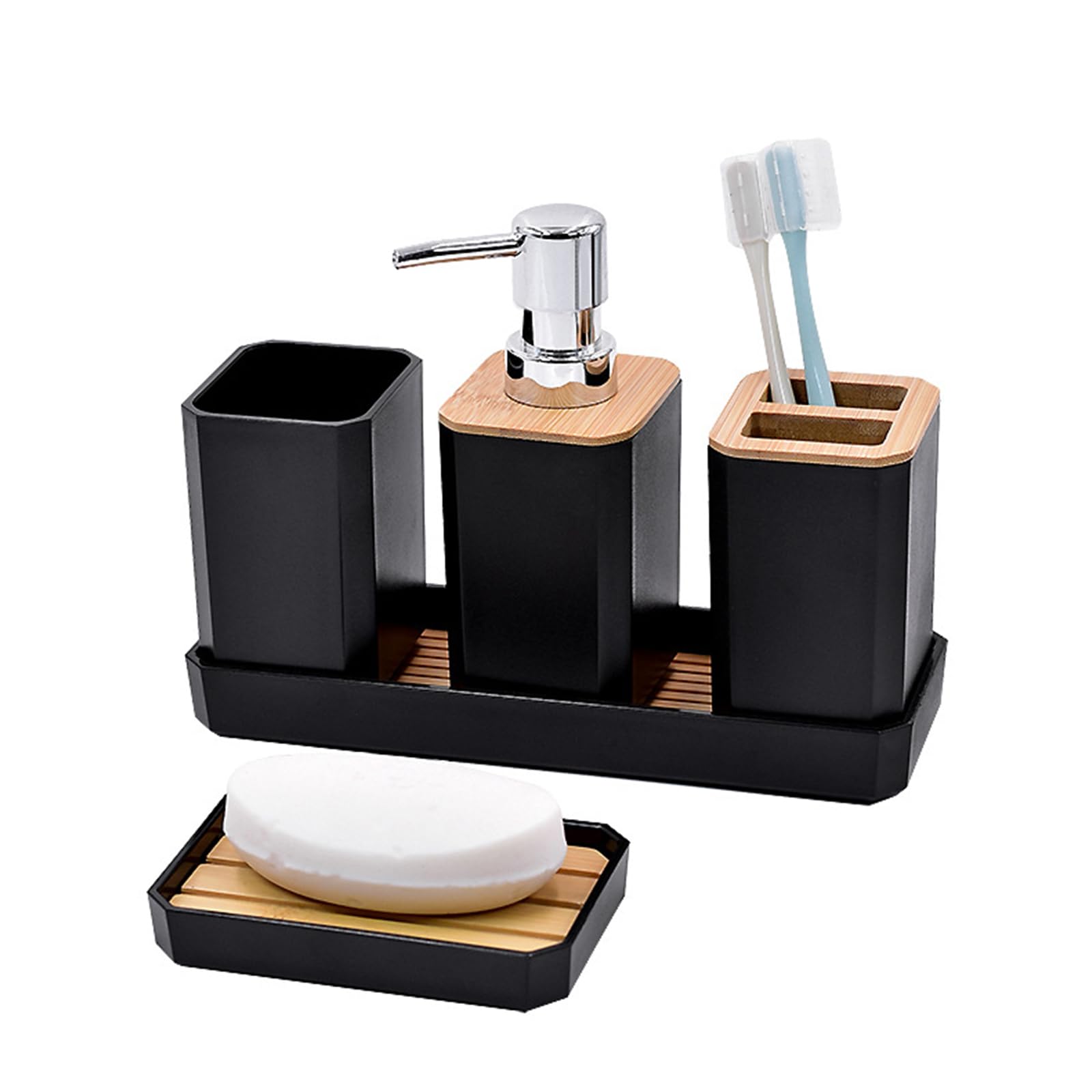 Ulijth 5Piece Black Set Of 5 Bathroom Storage Accessories With Soap Dispenser Toothbrush Holder Tumblers Vanity Tray And Organizers