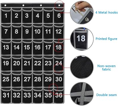 Numbered Classroom Pocket Chart for Cellphone and Calculator Holder, 36 Hanging Wall or Door Organizer