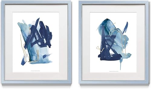 Renditions Gallery Índigo abstracto (1) juego de 2 piezas de obras de arte enmarcadas, oro colorido, azul marino, arte moderno contemporáneo, marco