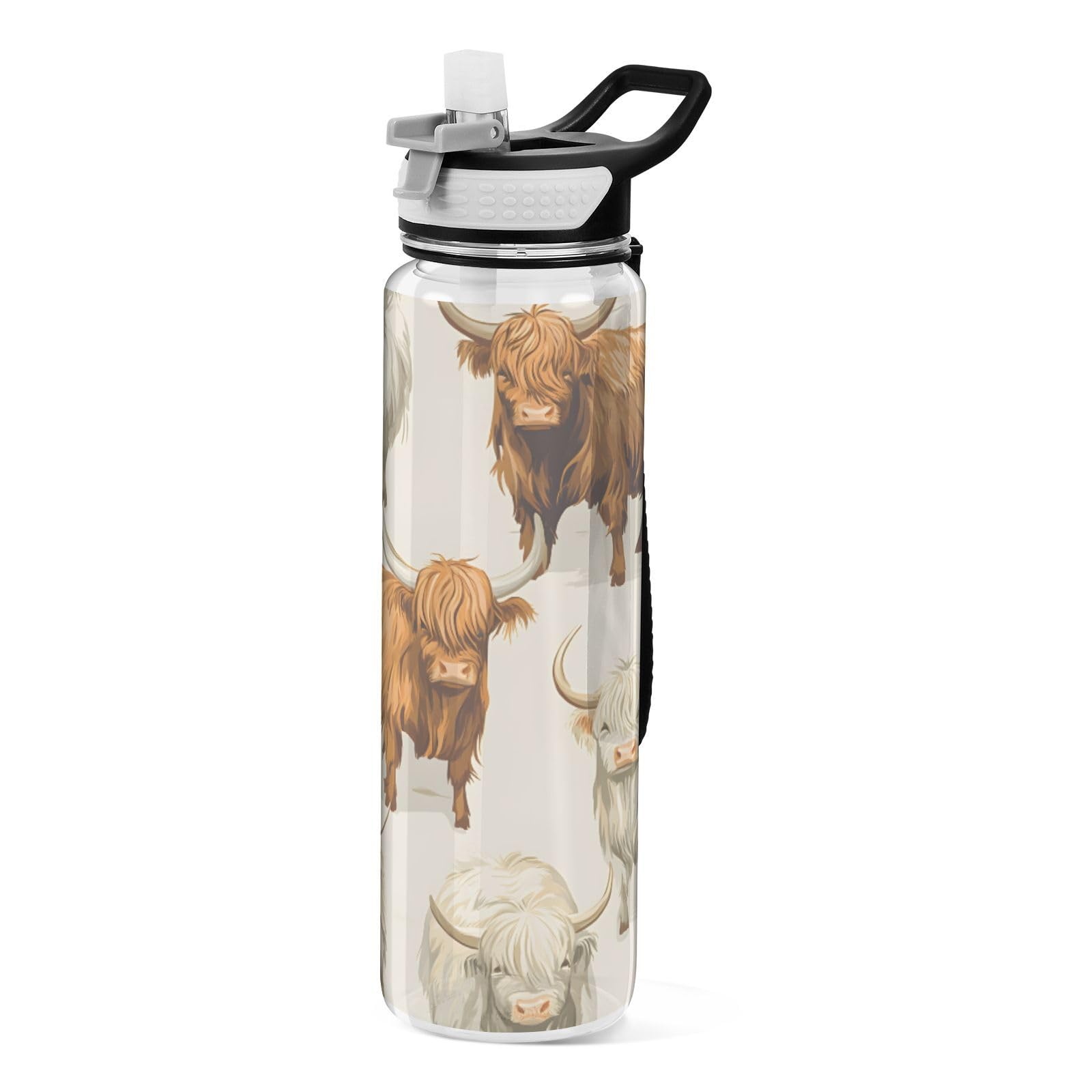 Highland Cows M Water Bottle Drinking Bottle with Straw 1L Leakproof BPA Free Tritan Clear for Kids Boys Girls Women School Travel Sport