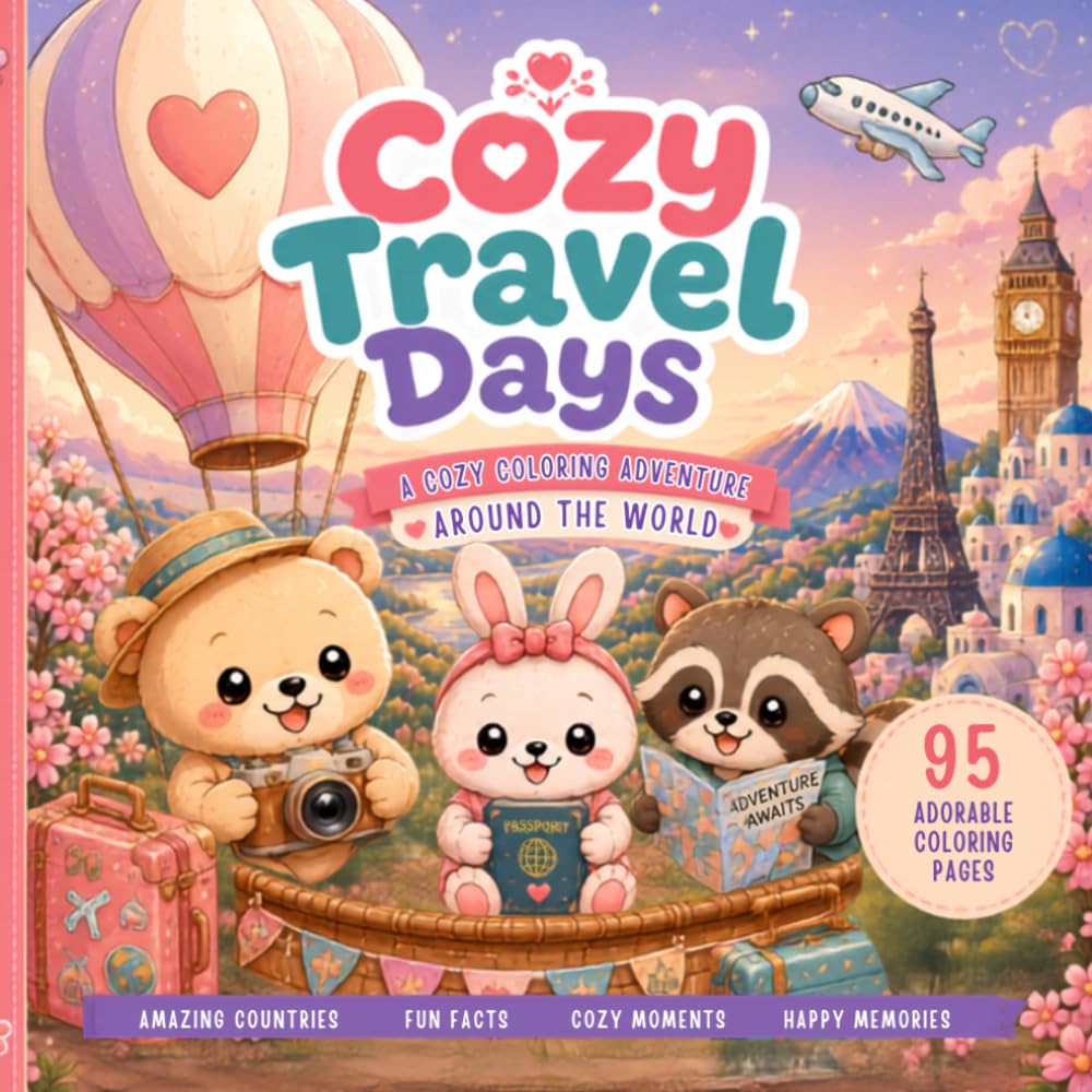 Cozy Travel Days: A Cozy Coloring Adventure Around the World with Cute Animal Friends, Fun Facts and Happy Memories