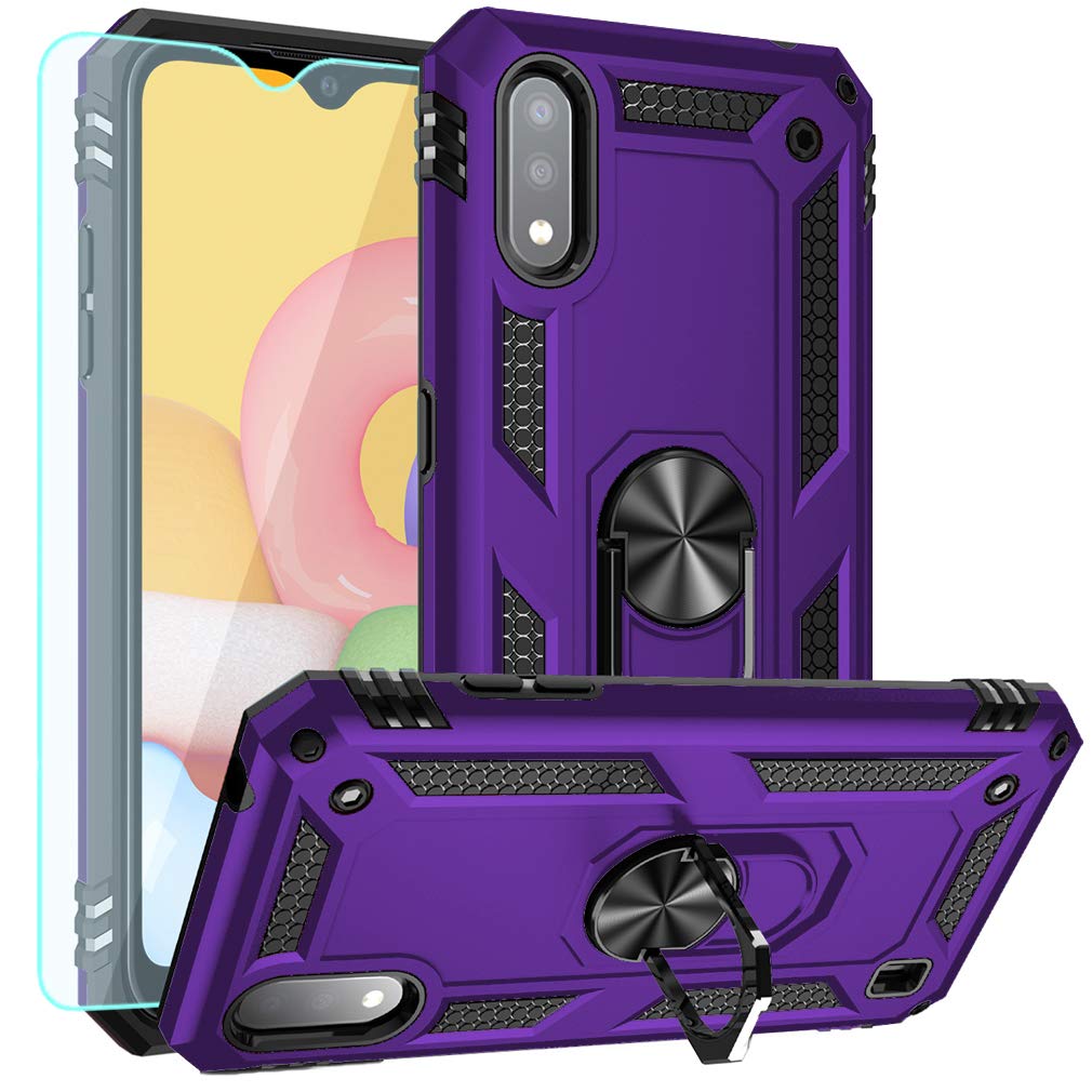YZOKGalaxy A01 Case,Samsung A01 Case,with HD Screen Protector, [Military Grade] Ring Car Mount Kickstand Hybrid Hard PC Soft TPU Shockproof Protective Case for Samsung Galaxy A01 (Purple)