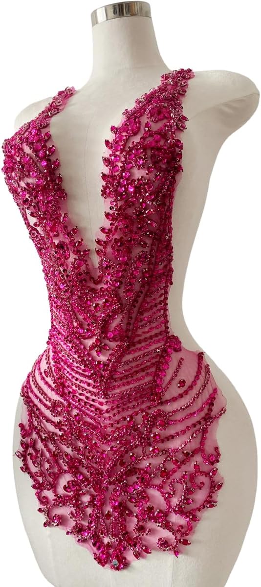 Handmade Rhinestones Bodice Applique sew on Beads Trim Patches Trim Accessories for Wedding Dress Shiny Decorative lace Patch (Rose red)