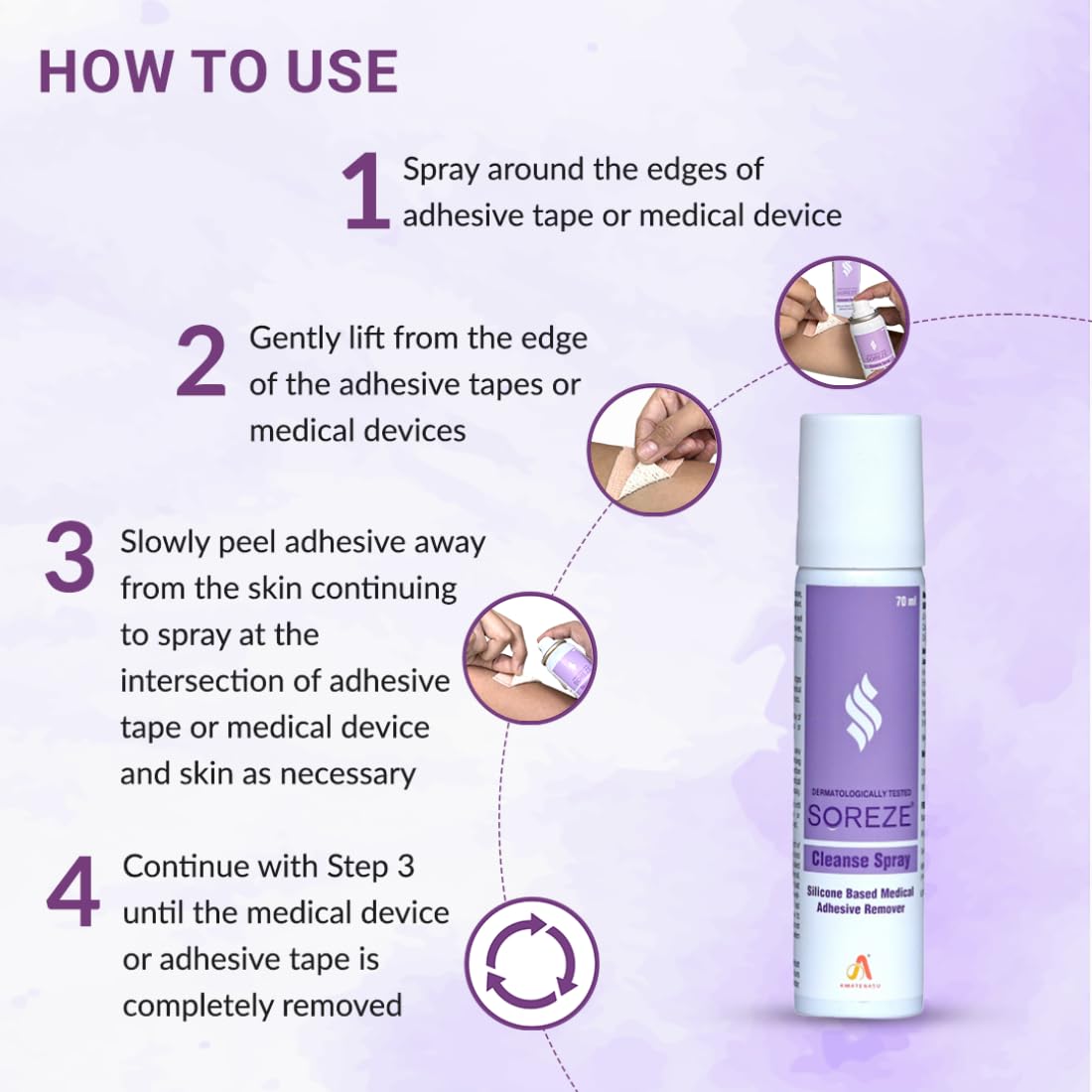 Soreze Cleanse Medical Adhesive Remover Spray | Alcohol Free & Safe on Skin | No Sting and Painless | Quick Dry & Non Sticky Formula | Pack of 1 | 70ml 3