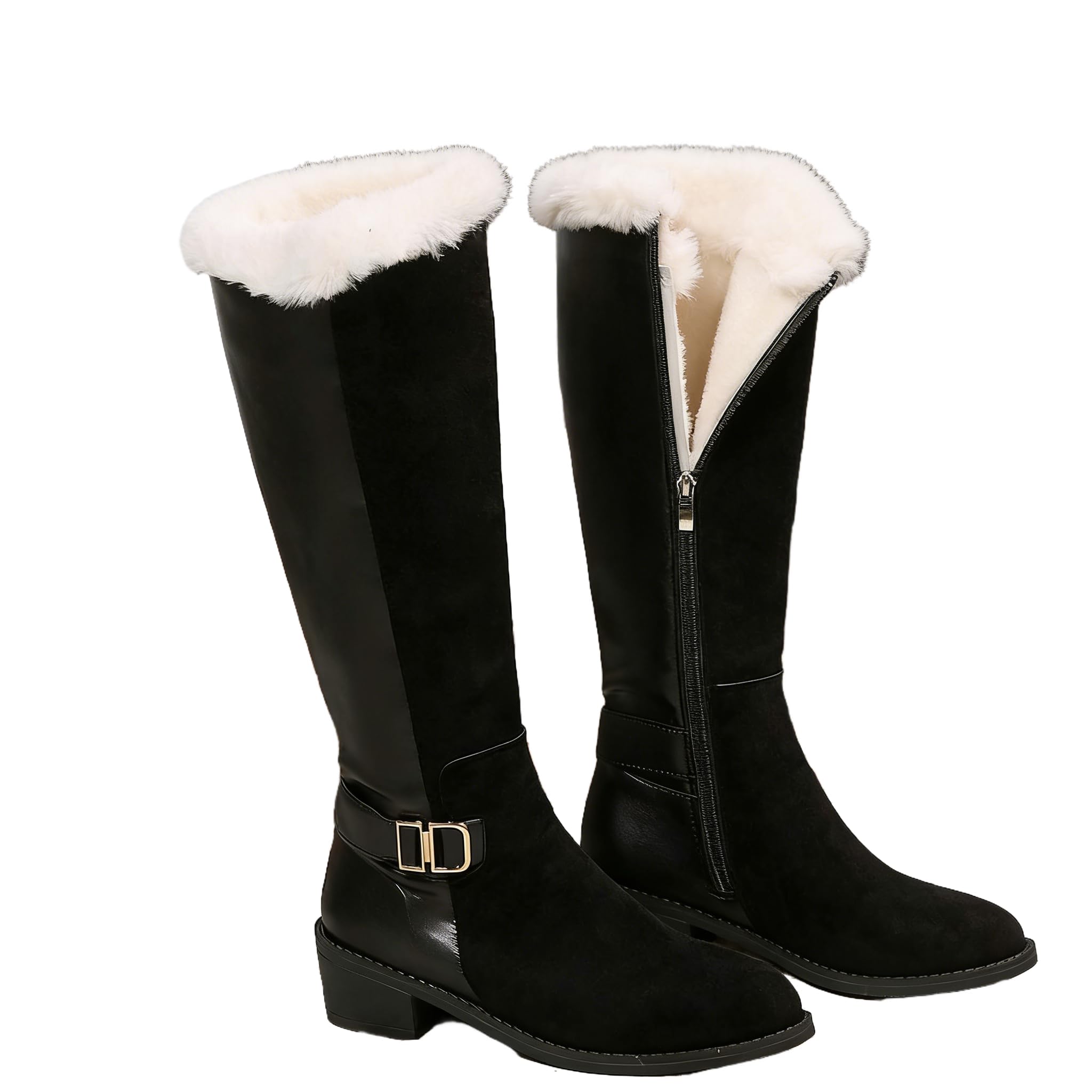 Knee High Boots for Women Faux Suede Faux Leather Block Heel Western Boots Low Heel Side Zipper Winter