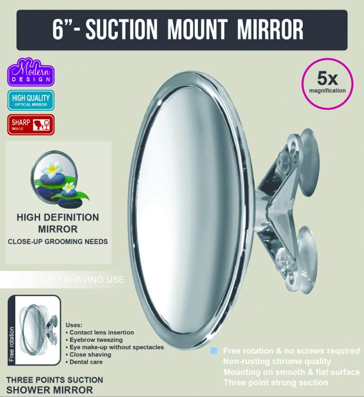 6" Suction Mount Mirror - 5X Magnifying Vanity Makeup Mirror with 3-Point Super Suction, Pivoting, Rotating and Locking Suction
