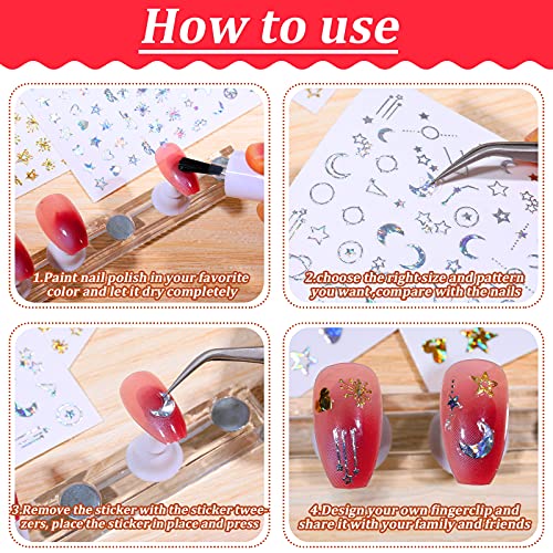 14 Sheets Gold Silver Nail Stickers Moon Star Heart Stickers Self-Adhesive Nail Stickers Metallic Nail Art Decals 3D Laser Nail Decoration Diy Fingernail Nail Art Stickers For Women Girls #TOP2
