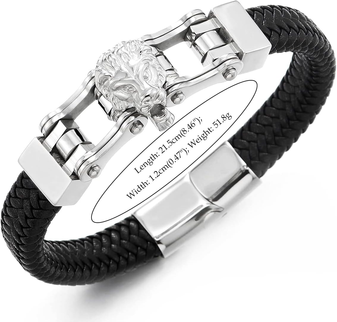 COOLSTEELANDBEYOND Mens Steel Lion Head Motorcycle Bike Chain Black Braided Leather Bangle Bracelet, Magnetic Clasp - Image 5