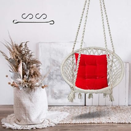 Curio Centre Make in India Round Cotton Home Swing & Hammock Chair with Cushion and Accessories (145 cm X 57 cm X 43 cm, White, 100 kgs Capacity)