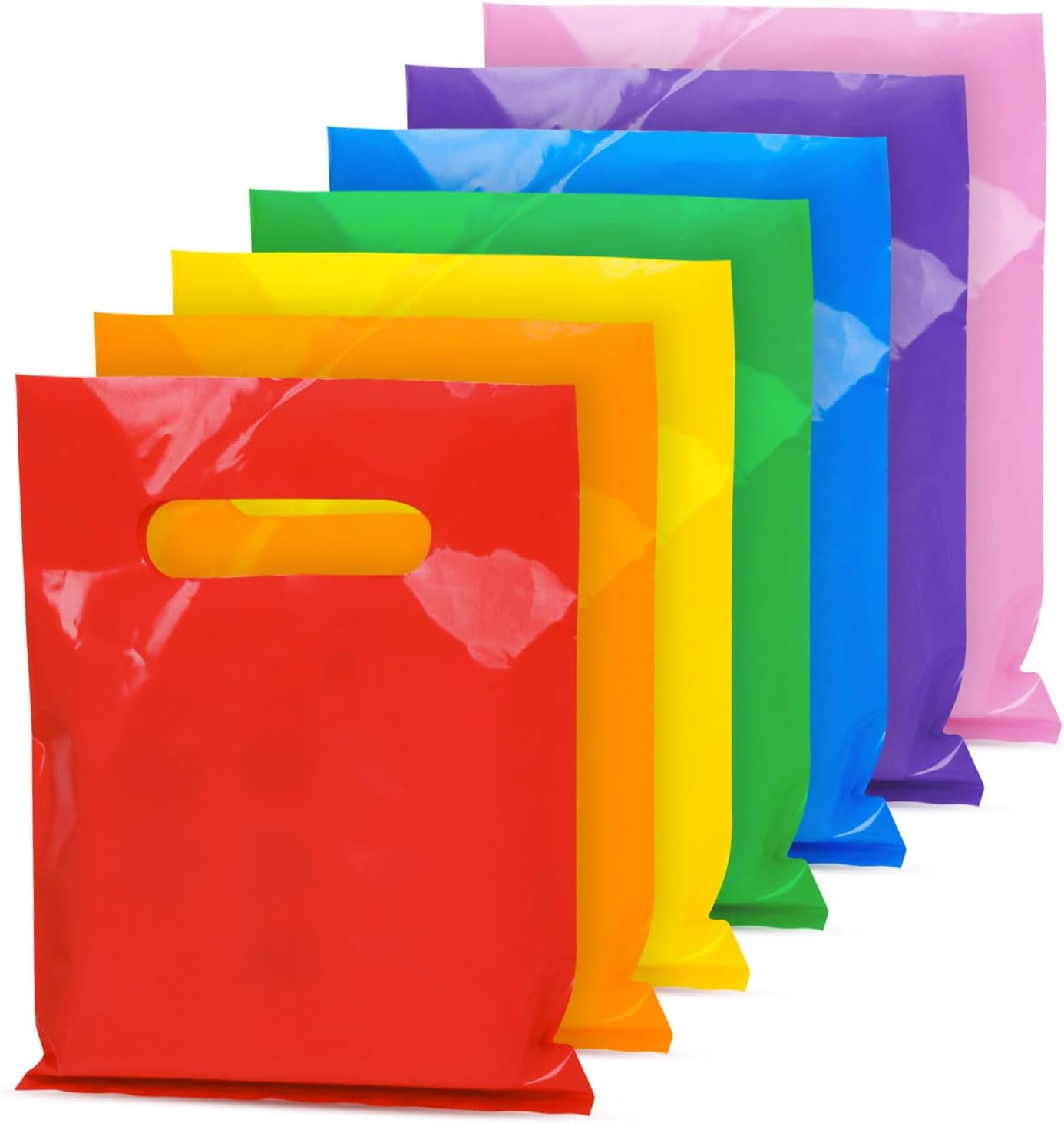 140 PCS 6" x 8" Colorful Gift Bags, 7 Bright Colors Party Favor Pouches, Reusable Plastic Goodie Bags with Handles, Small business essentials for Birthday, Christmas, Halloween, Holiday, Events