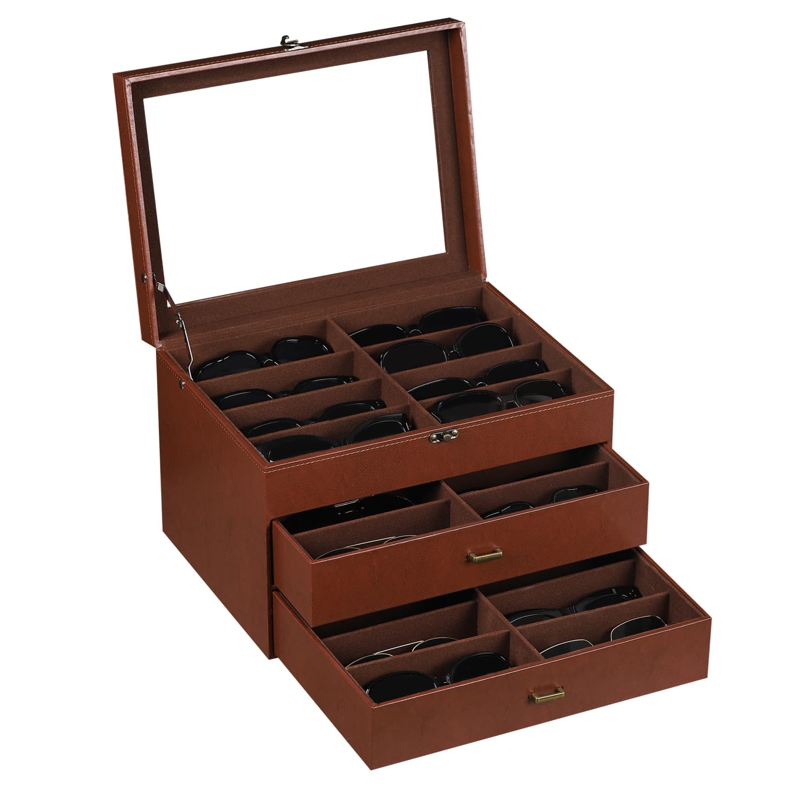 AUTOARK Aufbewahrungsbox für Brillen und Sonnenbrillen,aus Leder und Samt,transparenter Deckel,verschließbar,24 Stück,Kaffee,MKAW045