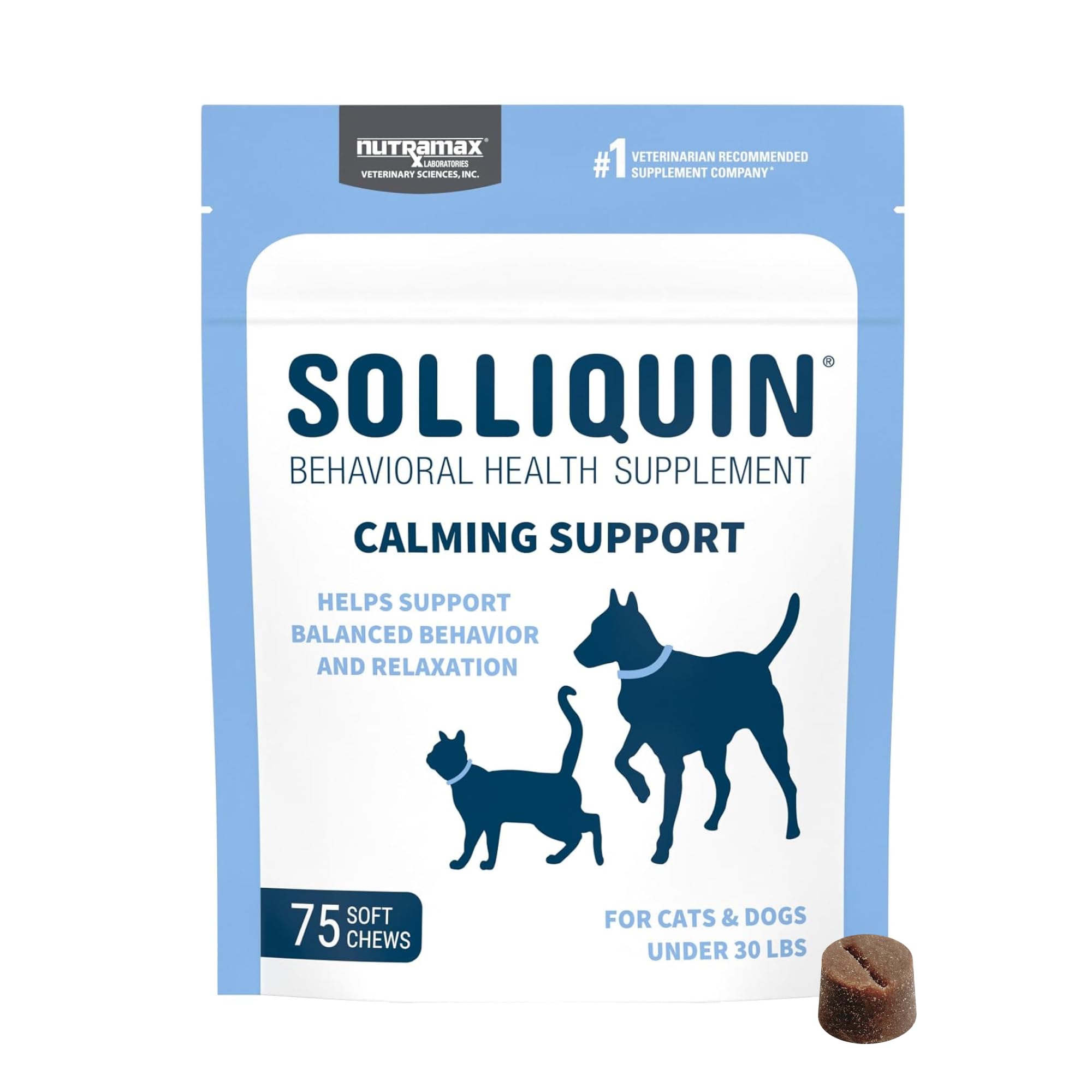 Nutramax Solliquin Calming Behavioral Health Supplement for Small to Medium Dogs and Cats - With L-Theanine, Magnolia / Phellodendron, and Whey Protein Concentrate, 75 Soft Chews