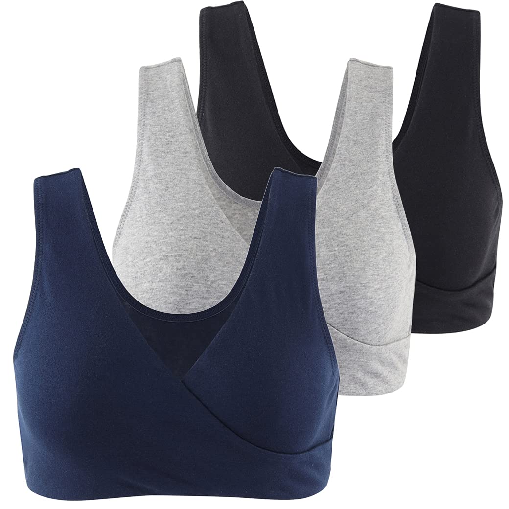 COLOMI Reggiseno per Allattamento Premaman Senza Fili in Cotone per Dormire, Nero+Grigio+Blu Navy, L